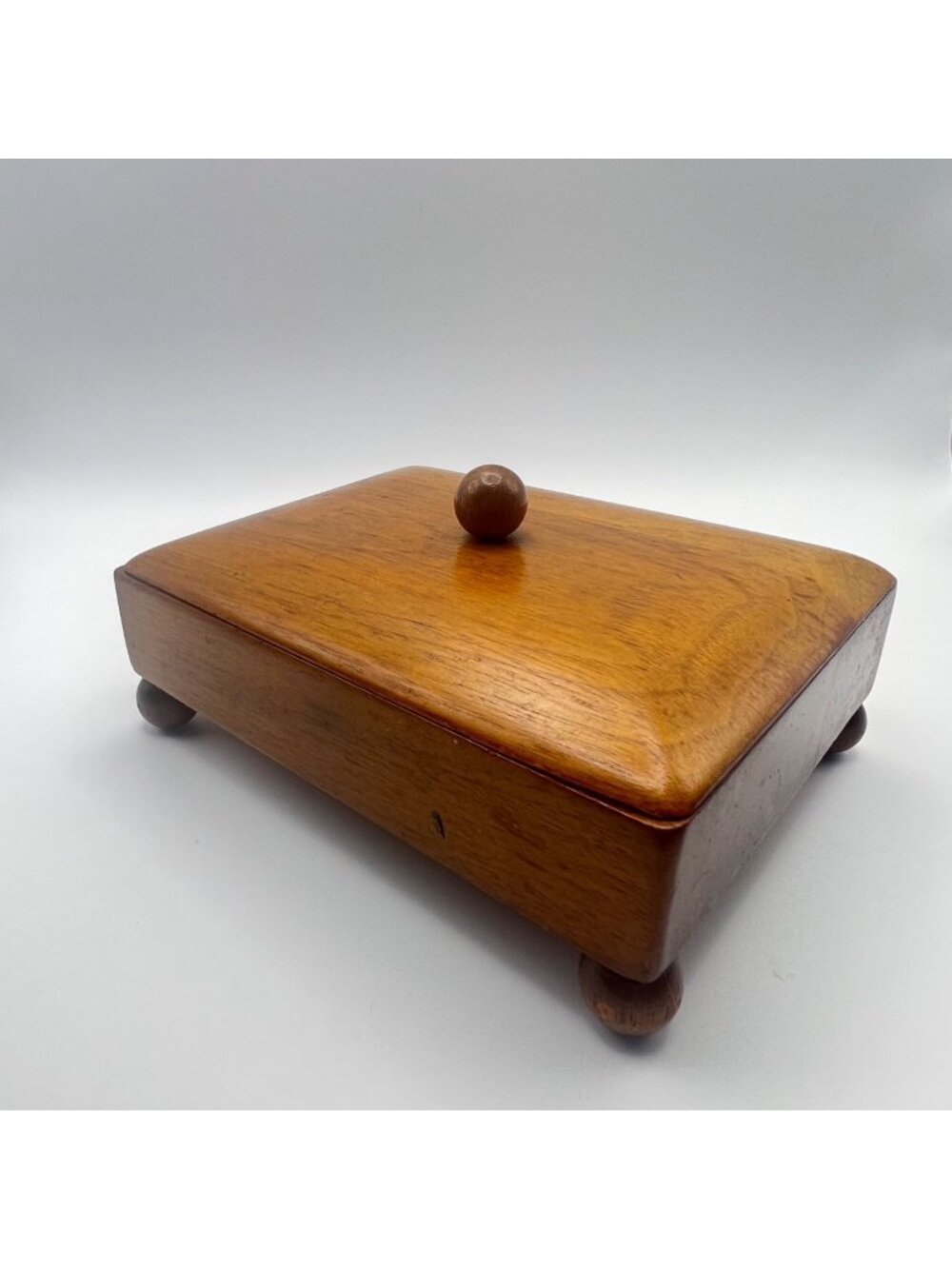 Vintage Mid Century Wood Trinket Jewelry Box Ball Feet Knob Lid MCM 5.5"